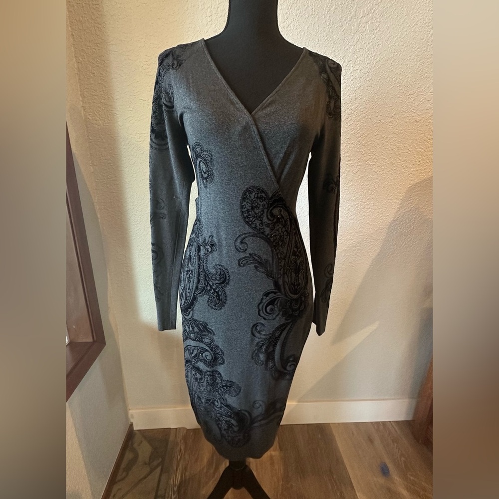 Cache Gray Long Sleeve Paisley Wrap Dress - NEW
